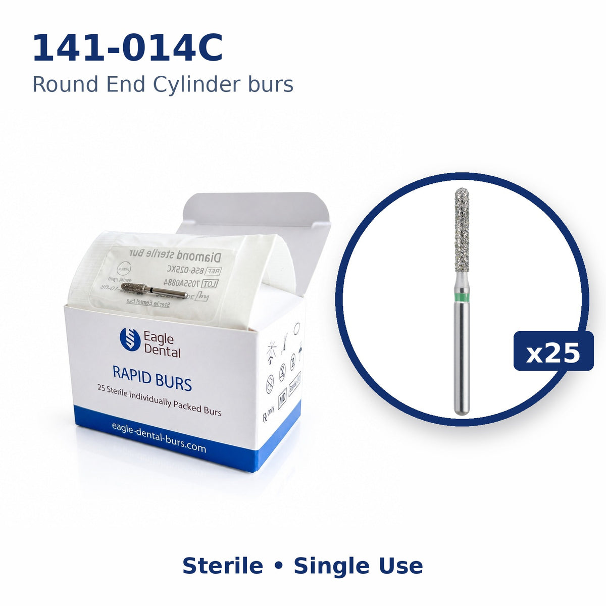 Eagle Rapid sterile Round End Cylinder bur box, 25 per pack
