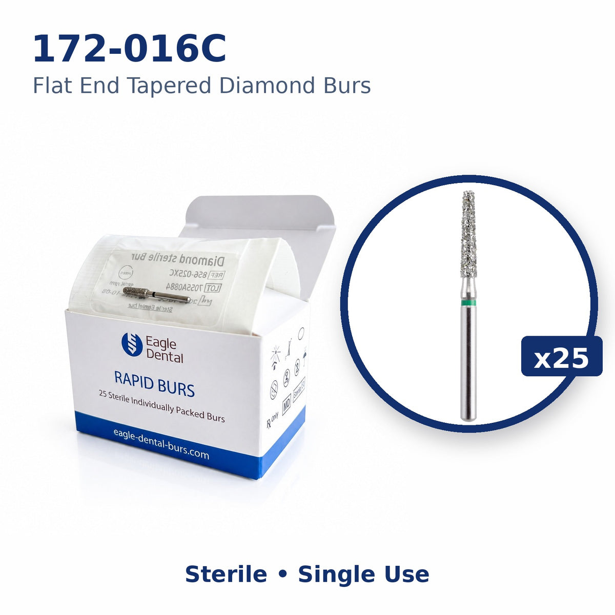 Eagle Rapid sterile Flat End Tapered bur box, 25 per pack